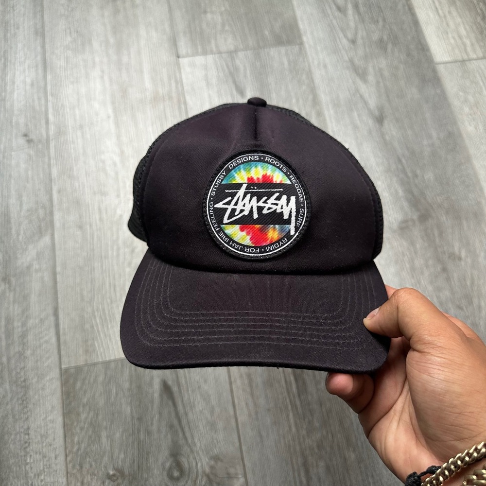 Stussy Black Trucker Hat Mesh Snapback Tie Dye Patch One Size